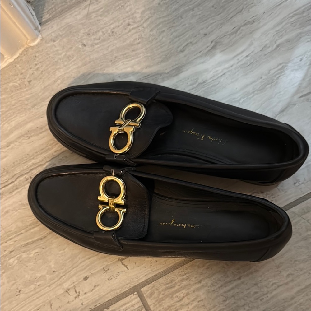Black Loafers with Gold Buckle